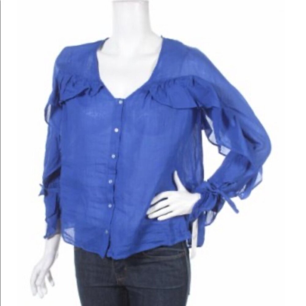 ZARA NEW Ruffles Ties Cotton Lightweight Flowy Button Shirt Blouse Top BlueFairy - Picture 7 of 8